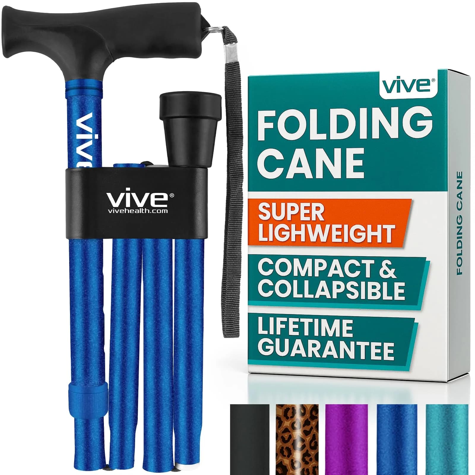 Vive Folding Cane - Adjustable Blue Walking Cane for Men & Women, 33"-37", Lightweight Aluminum Mobility Aid with Ergonomic Grip & Non-Slip Tip - main product image