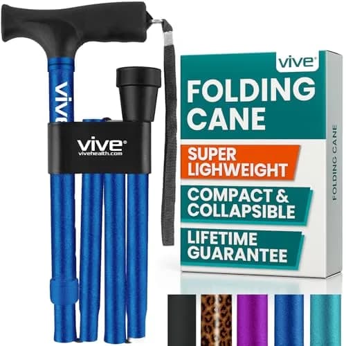 Vive Folding Cane - Foldable Walking Cane with Ergonomic Grip & Wrist Strap, Adjustable 33"-37", 8oz, Blue thumbnail 1