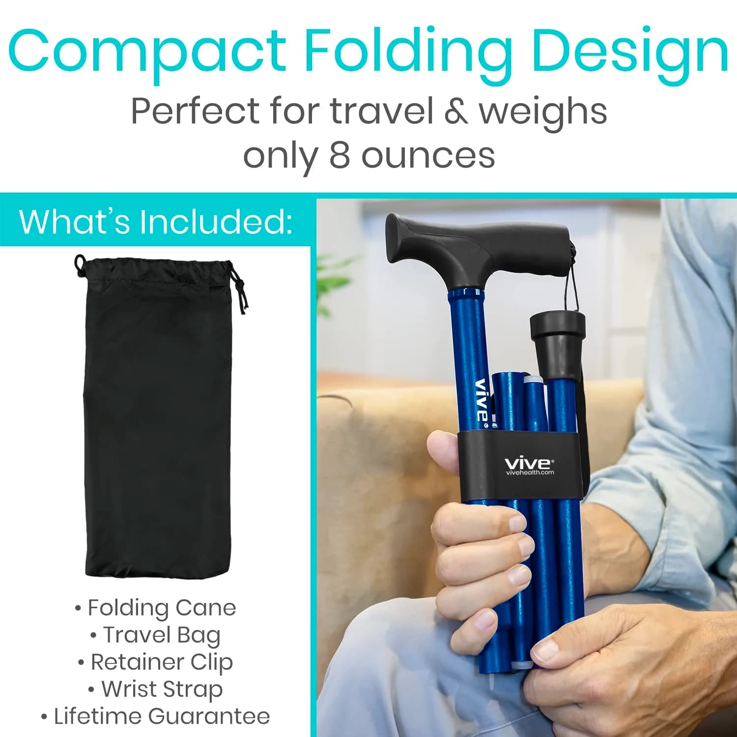 Vive Folding Cane - Adjustable Blue Walking Cane for Men & Women, 33"-37", Lightweight Aluminum Mobility Aid with Ergonomic Grip & Non-Slip Tip - view 2