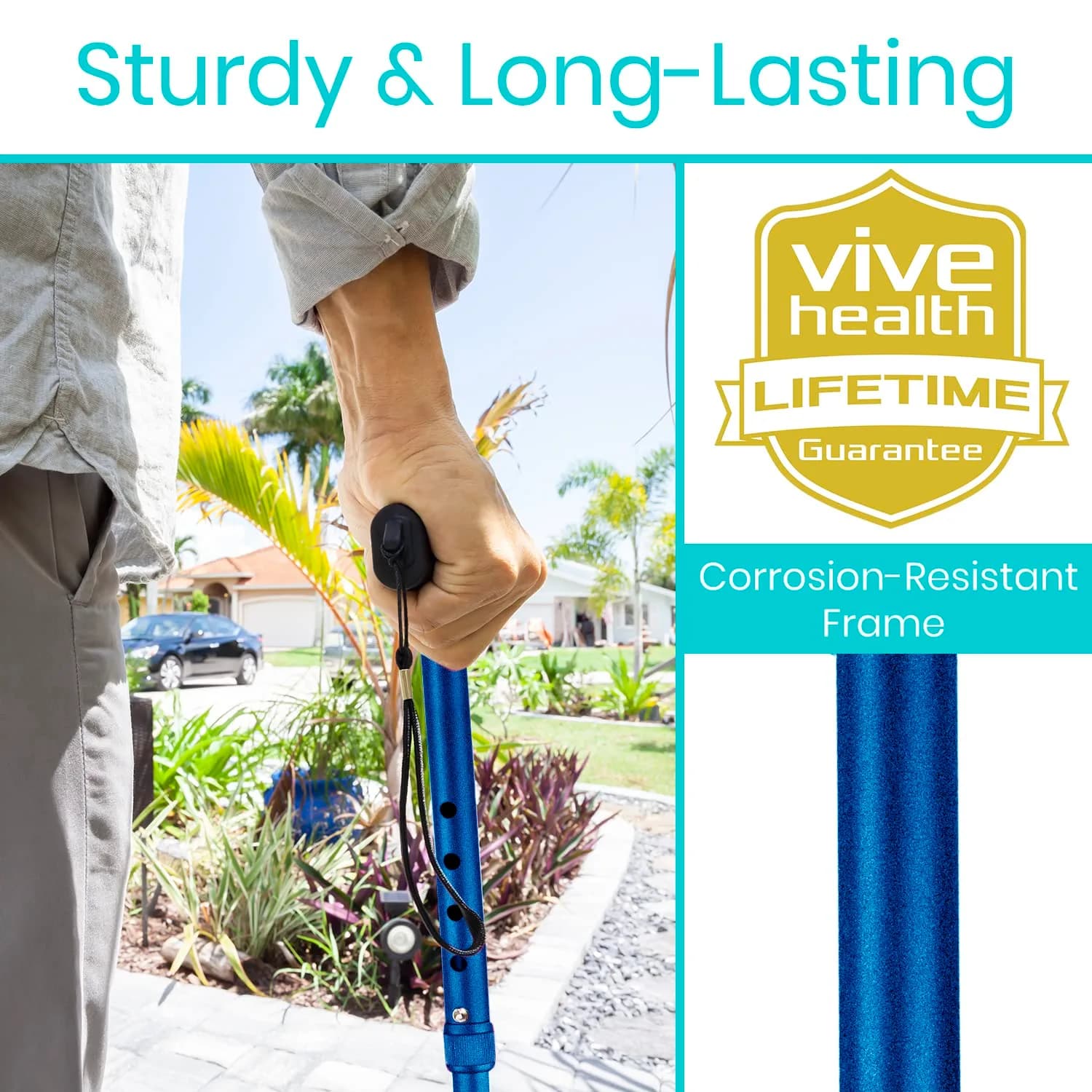 Vive Folding Cane - Adjustable Blue Walking Cane for Men & Women, 33"-37", Lightweight Aluminum Mobility Aid with Ergonomic Grip & Non-Slip Tip - view 3