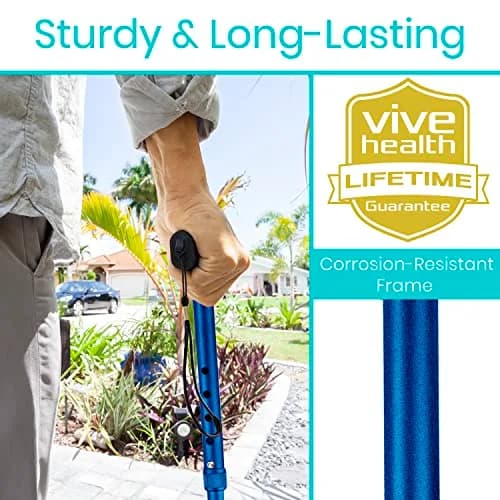 Vive Folding Cane - Foldable Walking Cane with Ergonomic Grip & Wrist Strap, Adjustable 33"-37", 8oz, Blue thumbnail 3