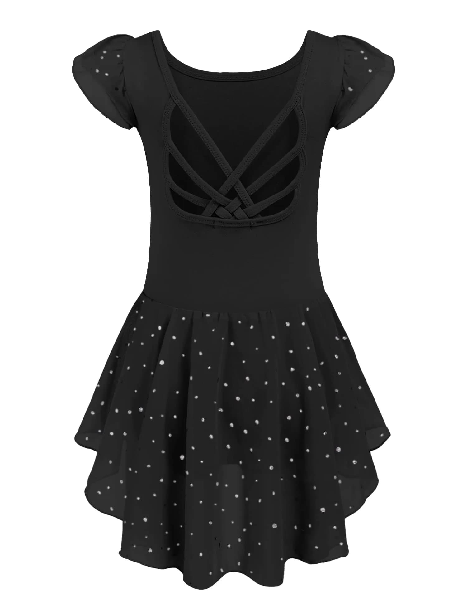 Arshiner Girls Ruffle Sleeve Ballet Leotard with Skirt Black 3-4T (100 cm) | Sparkle Double Layer Ruffle Sleeve