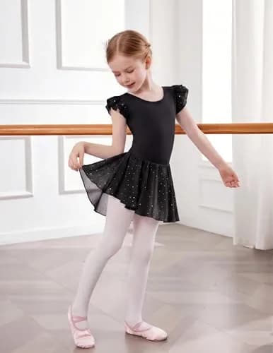 Arshiner Girls Ruffle Sleeve Ballet Leotard with Skirt Black 3-4T (100 cm) | Sparkle Double Layer Ruffle Sleeve thumbnail 4