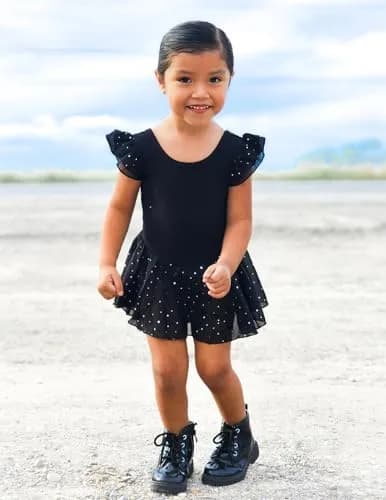 Arshiner Girls Ruffle Sleeve Ballet Leotard with Skirt Black 3-4T (100 cm) | Sparkle Double Layer Ruffle Sleeve thumbnail 6