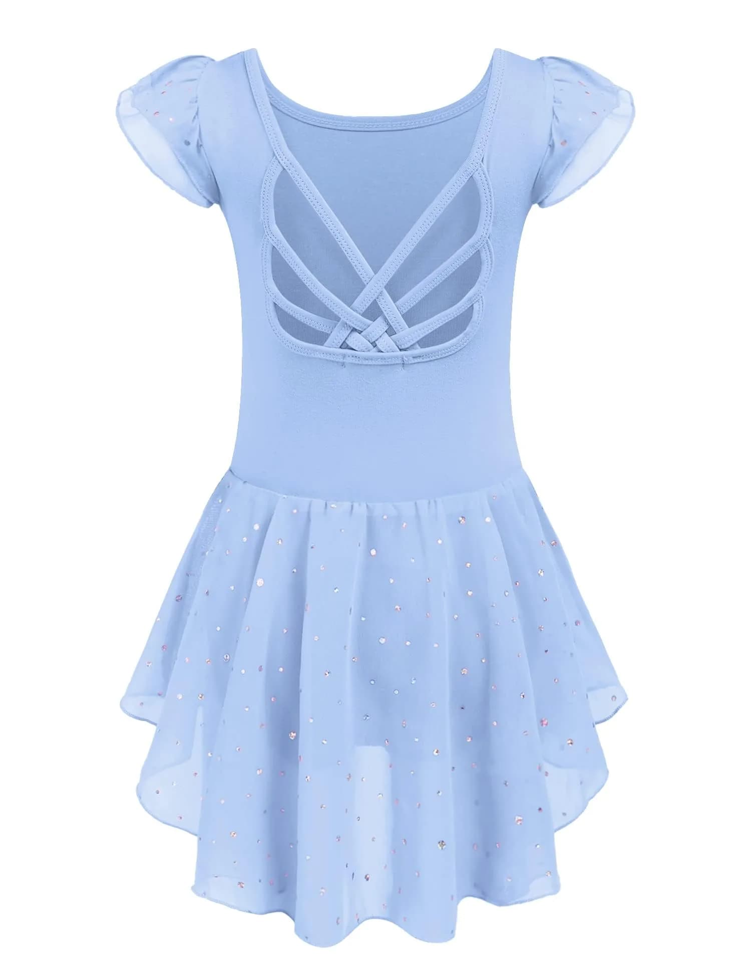 Arshiner Girls Ruffle Sleeve Ballet Leotard Dress with Skirt for Dance, Blue, 8-9 Years | Sparkle Double Layer Ruffle Sleeve — Blue