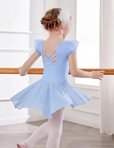 Arshiner Girls Ruffle Sleeve Ballet Leotard Dress with Skirt for Dance, Blue, 8-9 Years | Sparkle Double Layer Ruffle Sleeve thumbnail 4