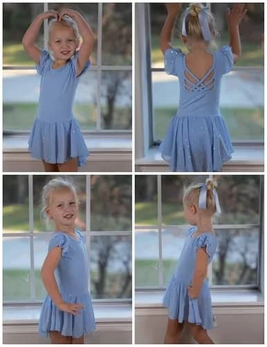 Arshiner Girls Ruffle Sleeve Ballet Leotard Dress with Skirt for Dance, Blue, 8-9 Years | Sparkle Double Layer Ruffle Sleeve thumbnail 7