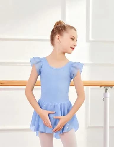 Arshiner Girls Ruffle Sleeve Ballet Leotard Dress with Skirt for Dance, Blue, 8-9 Years | Sparkle Double Layer Ruffle Sleeve thumbnail 2