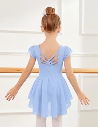 Arshiner Girls Ruffle Sleeve Ballet Leotard Dress with Skirt for Dance, Blue, 8-9 Years | Sparkle Double Layer Ruffle Sleeve thumbnail 3