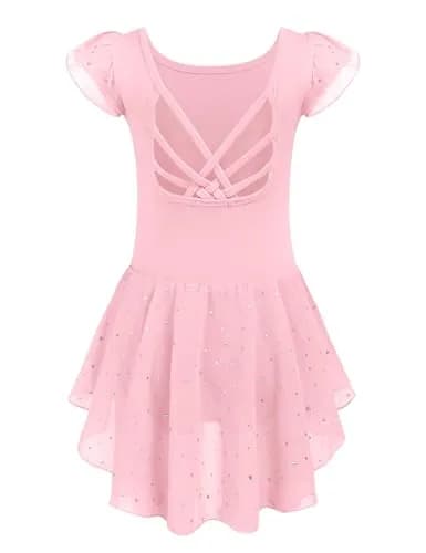 Arshiner Girls Ruffle Sleeve Ballet Leotard Dress with Skirt - Ballet Pink, 4-5T | High Stretch Dancewear thumbnail 1
