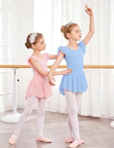 Arshiner Girls Ruffle Sleeve Ballet Leotard Dress with Skirt - Ballet Pink, 4-5T | High Stretch Dancewear thumbnail 6