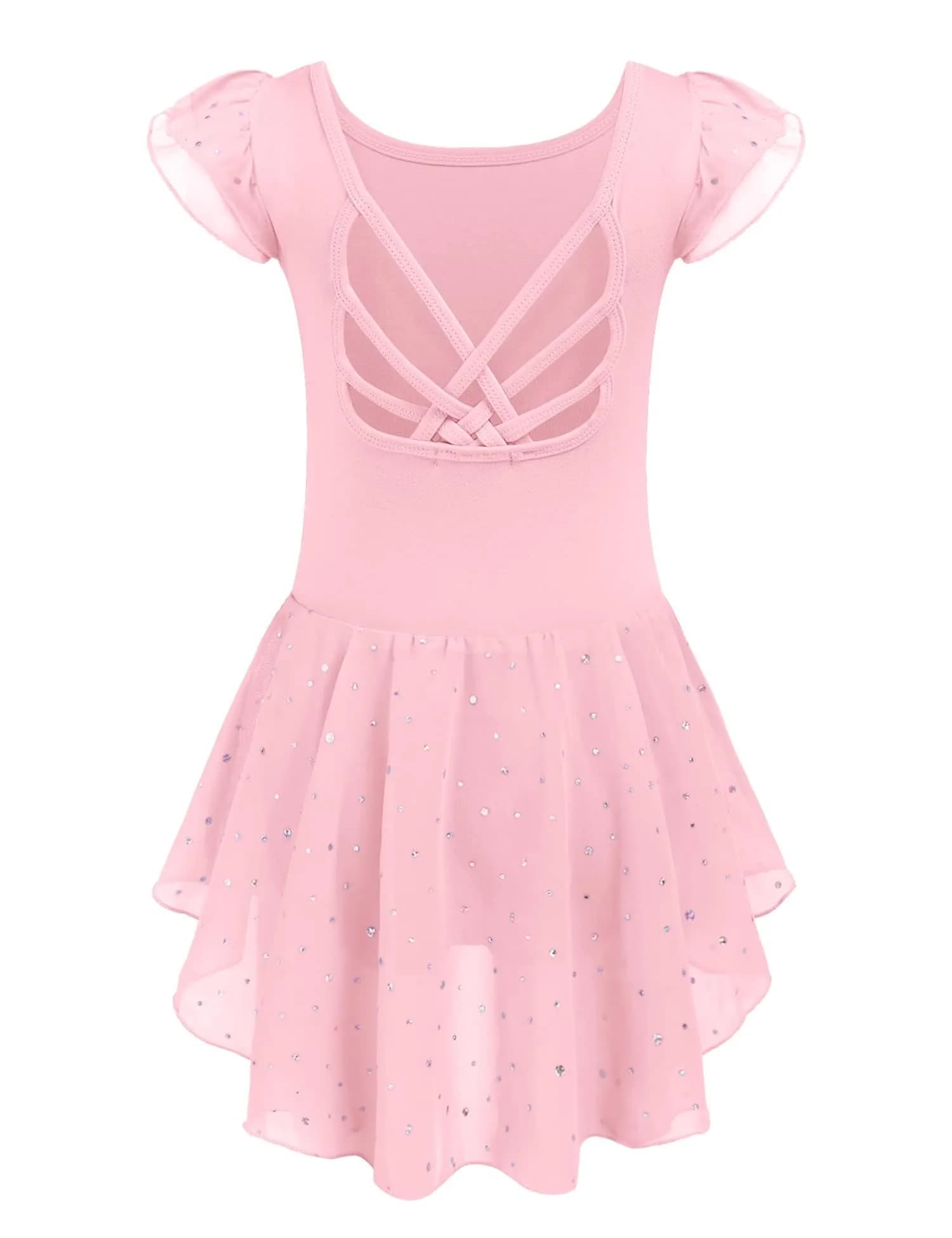 Arshiner Girls Ruffle Sleeve Ballet Leotard Dress with Skirt - Ballet Pink, 4-5T | High Stretch Dancewear - main product image