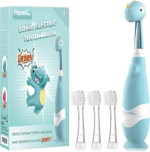 Papablic Debby Toddler Sonic Electric Toothbrush for Ages 1-3, Blue Dino with 4 Brush Heads | Gentle Sonic Vibrations & Smart Timer thumbnail 1