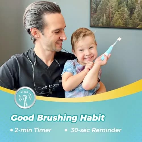 Papablic Debby Toddler Sonic Electric Toothbrush for Ages 1-3, Blue Dino with 4 Brush Heads | Gentle Sonic Vibrations & Smart Timer thumbnail 4