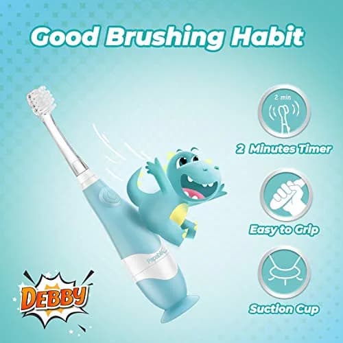 Papablic Debby Toddler Sonic Electric Toothbrush for Ages 1-3, Blue Dino with 4 Brush Heads | Gentle Sonic Vibrations & Smart Timer thumbnail 8
