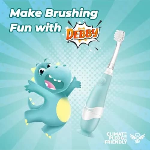 Papablic Debby Toddler Sonic Electric Toothbrush for Ages 1-3, Blue Dino with 4 Brush Heads | Gentle Sonic Vibrations & Smart Timer thumbnail 2