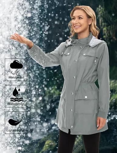 Bloggerlove Waterproof Rain Jacket for Women Lightweight & Hooded | Outdoor Spring Coat in Grey (0.81 Fl Oz) thumbnail 4