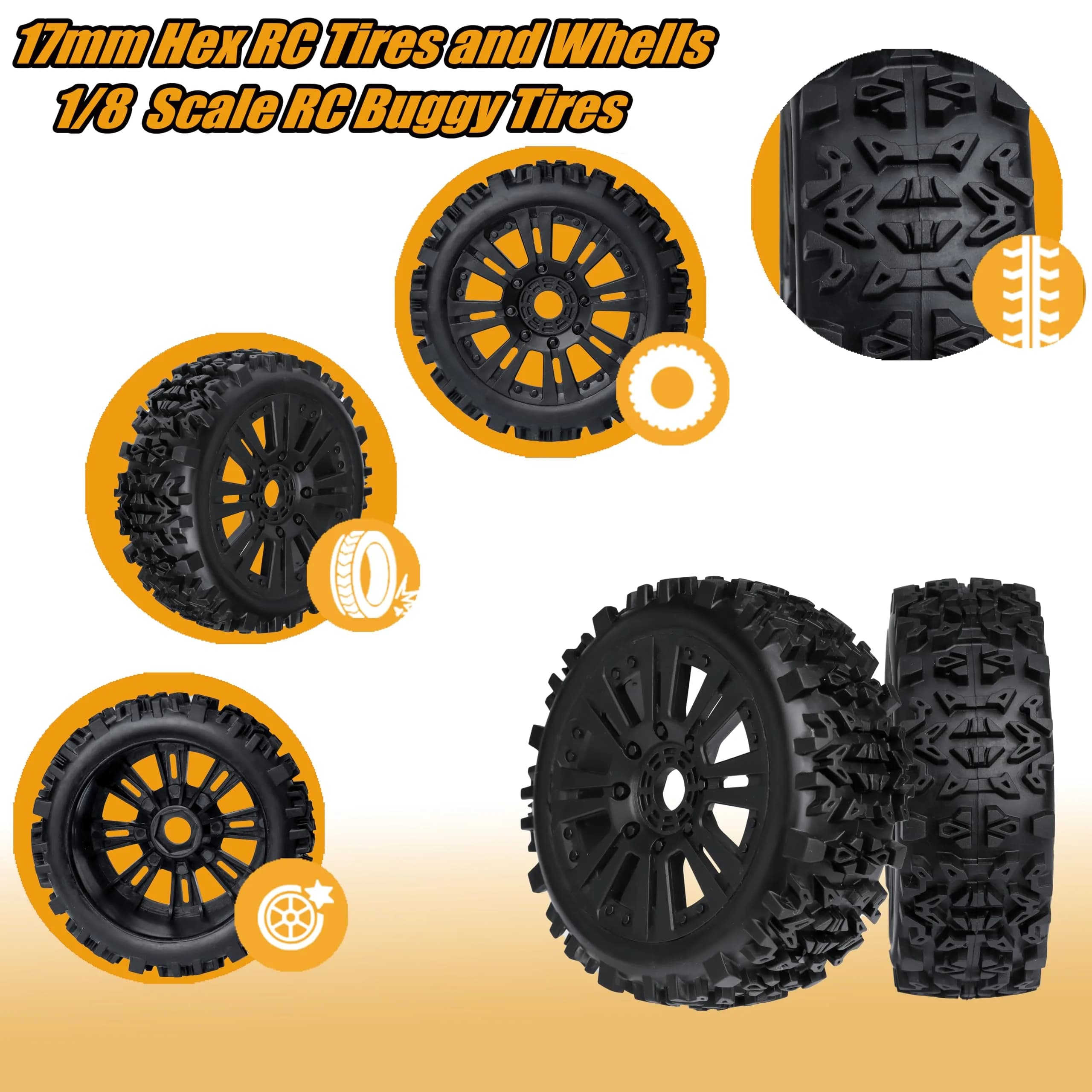 RC Station 1/8 Scale RC Buggy Tires 17mm Hex Wheels (120mm x 42mm) | Off-Road Grip for Arrma, Losi, HPI - view 5