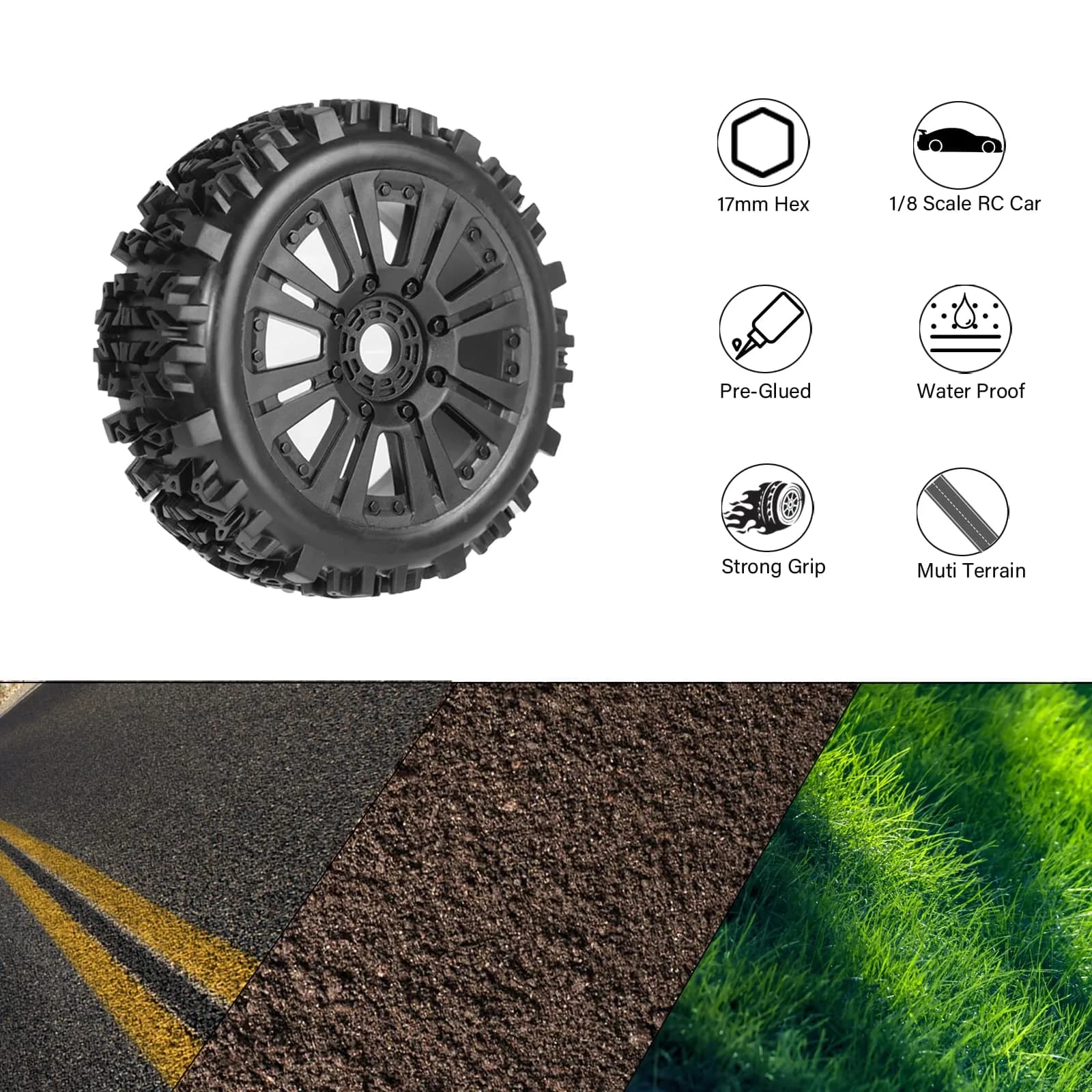 RC Station 1/8 Scale RC Buggy Tires 17mm Hex Wheels (120mm x 42mm) | Off-Road Grip for Arrma, Losi, HPI - view 7