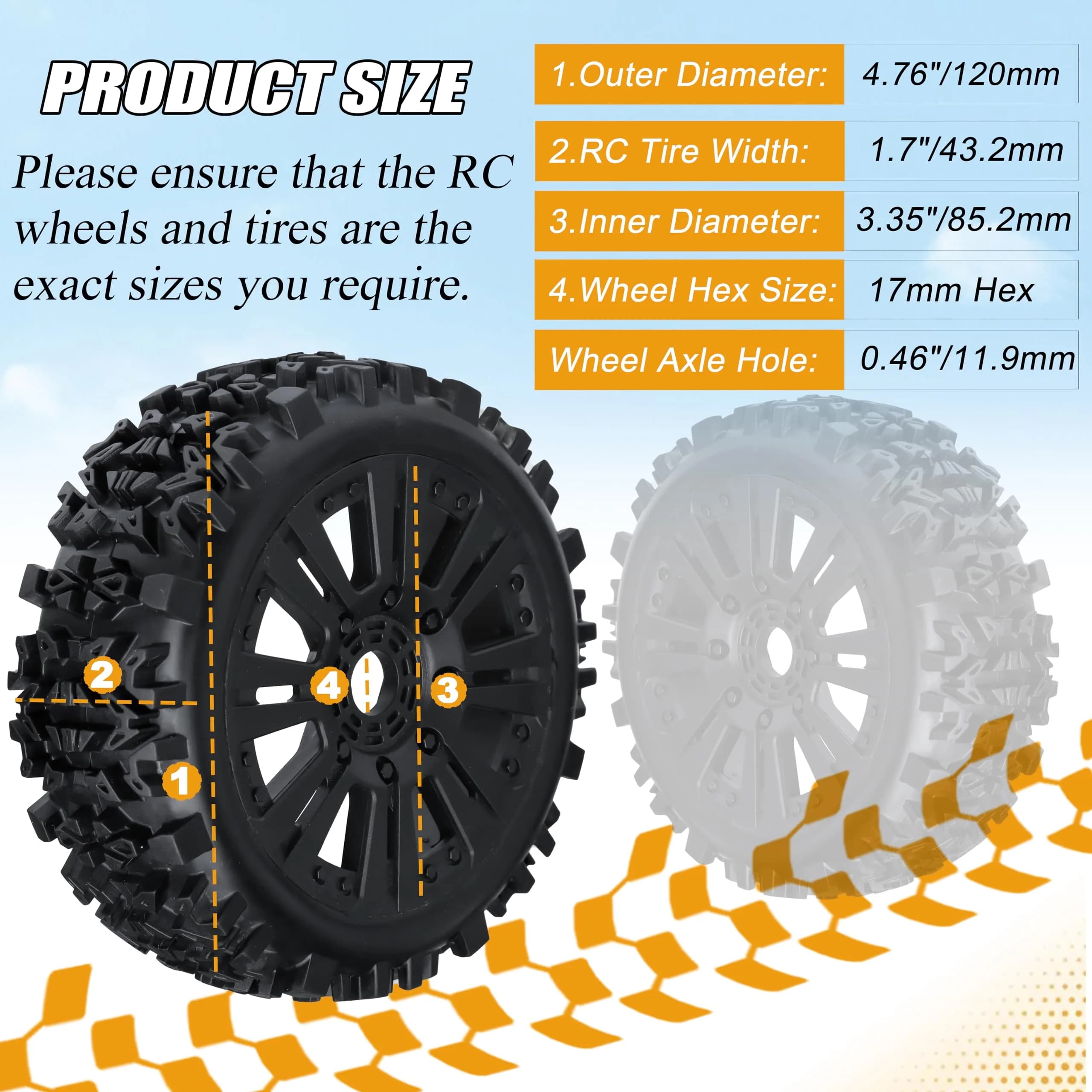 RC Station 1/8 Scale RC Buggy Tires 17mm Hex Wheels (120mm x 42mm) | Off-Road Grip for Arrma, Losi, HPI - view 2