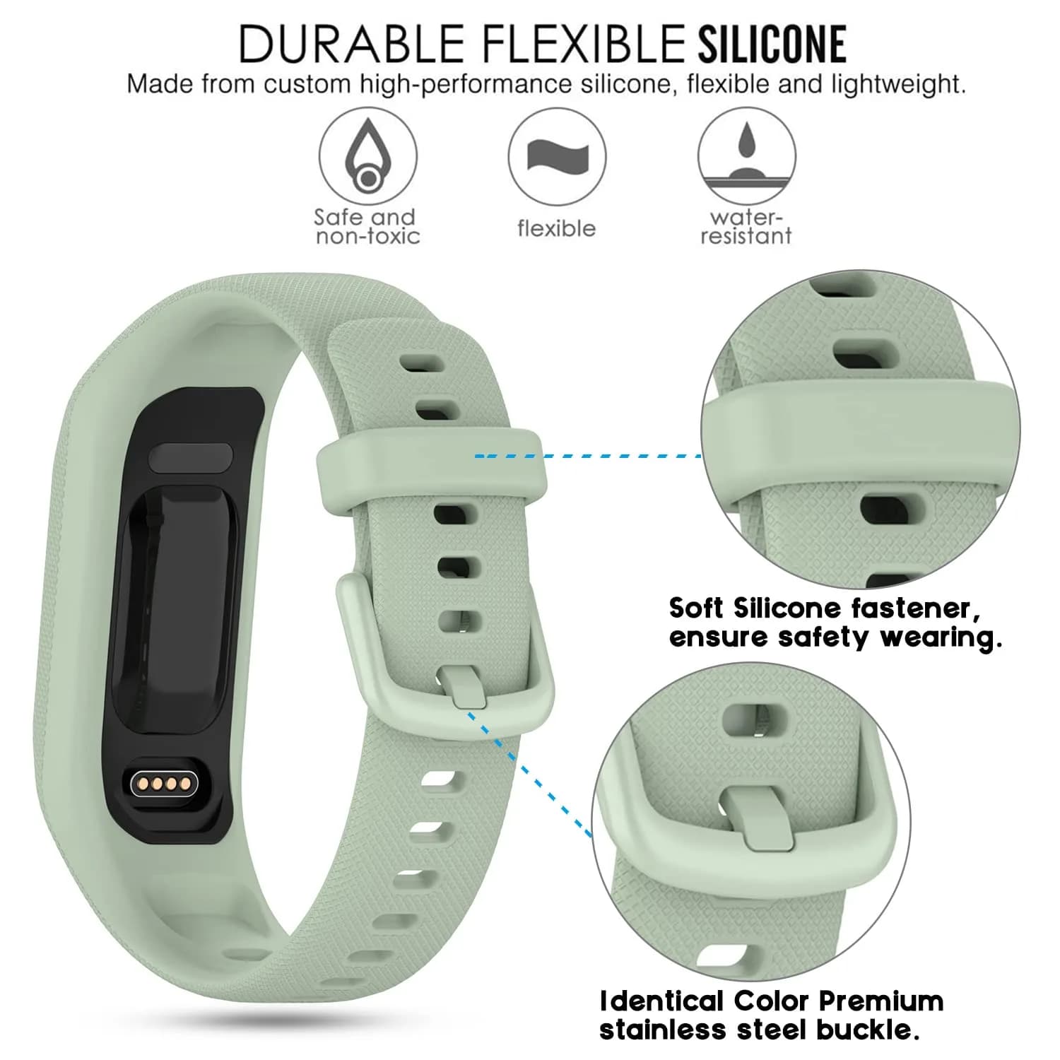 Gheper Soft Silicone Bands Compatible with Garmin Vivosmart 5 Straps 18mm (3 Pack, Black/White/Mint) | Secure Metal Clasp Buckle - view 3