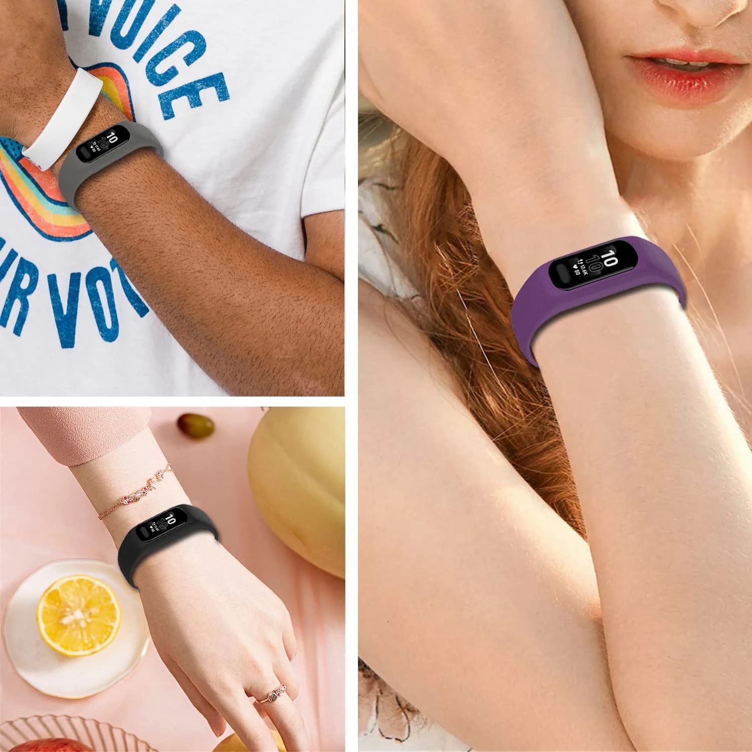 Gheper Soft Silicone Bands Compatible with Garmin Vivosmart 5 Straps (3 Pack, Purple/Grey/Black) - view 5