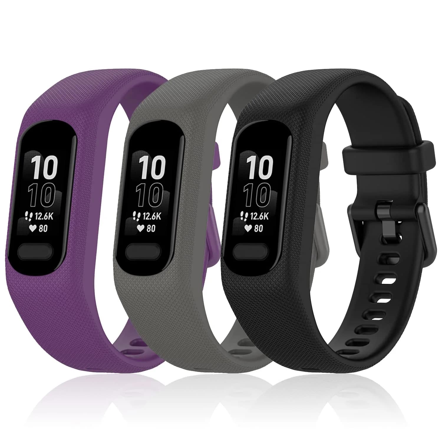 Gheper Soft Silicone Bands Compatible with Garmin Vivosmart 5 Straps (3 Pack, Purple/Grey/Black) - view 2