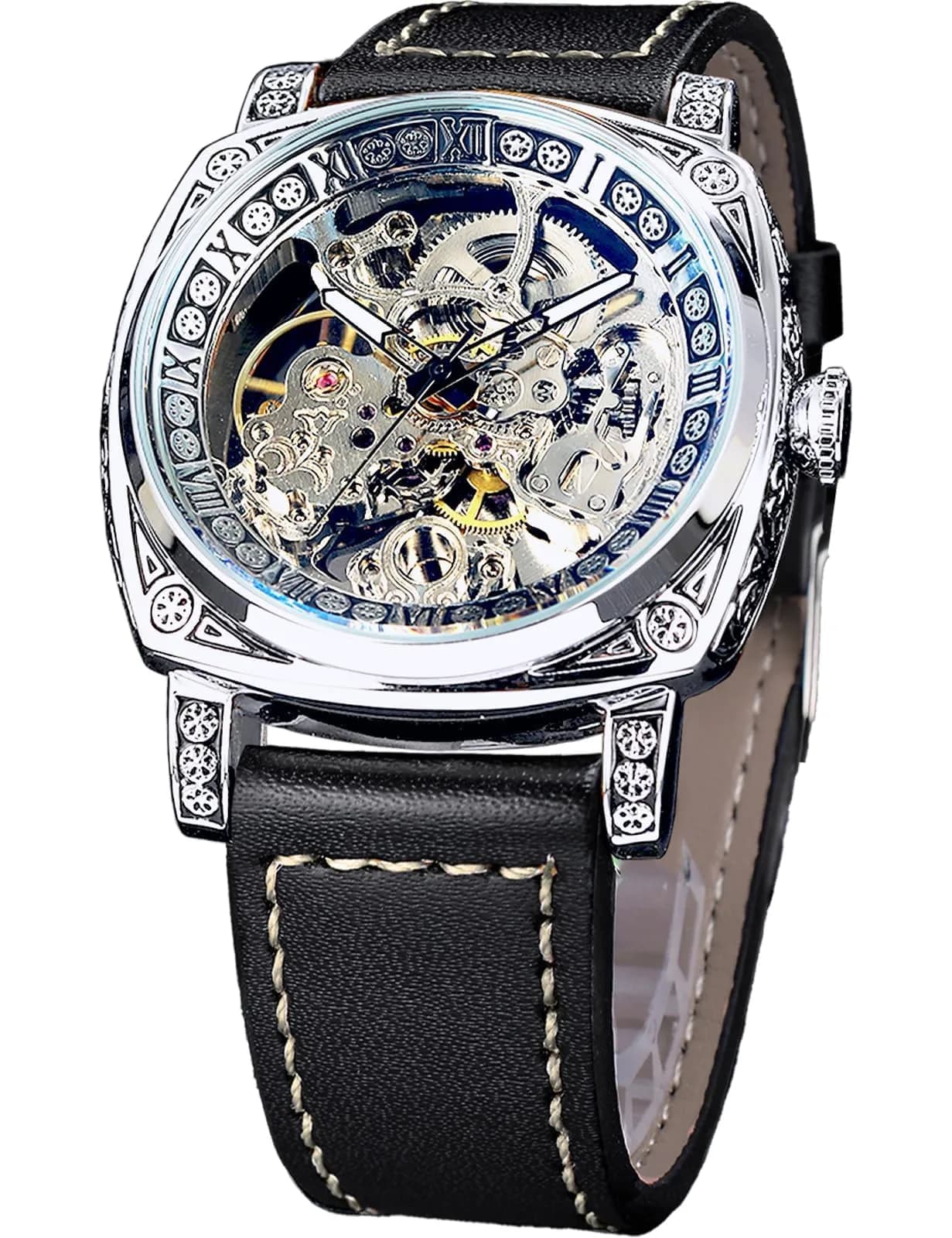 FORSINING Square Luxury Retro Mechanical Watch for Men | Automatic Self-Wind Skeleton Dial 42mm Case — Silver