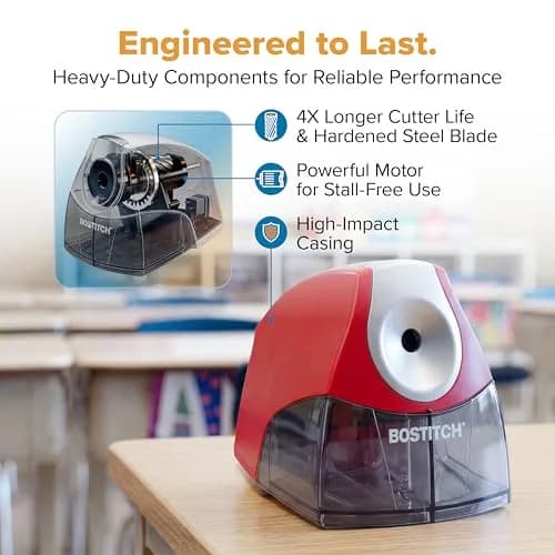 Bostitch Electric Pencil Sharpener for Classroom and Desk, Stall Free, Red | 7-Year Warranty thumbnail 5