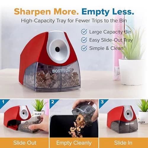Bostitch Electric Pencil Sharpener for Classroom and Desk, Stall Free, Red | 7-Year Warranty thumbnail 2