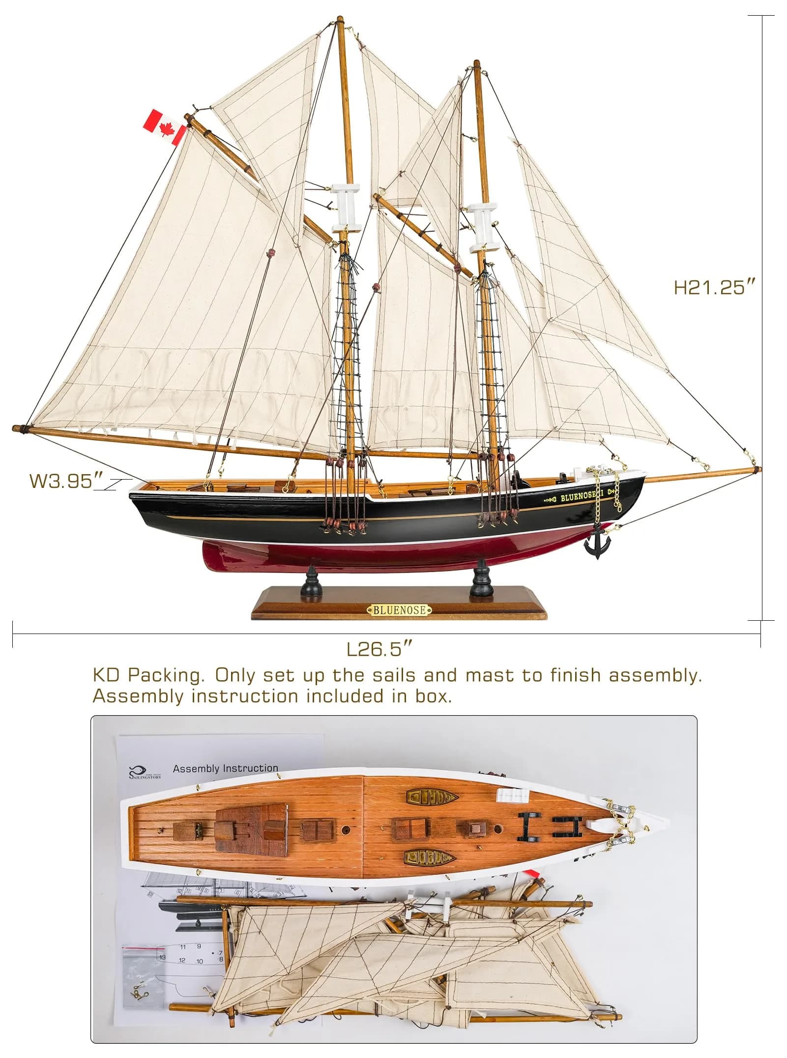 SAILINGSTORY Bluenose Wooden Sailboat Model Ship 67.3cm (26.5"L x 3.95"W x 21.25"H) | Historical Nautical Decor - view 2