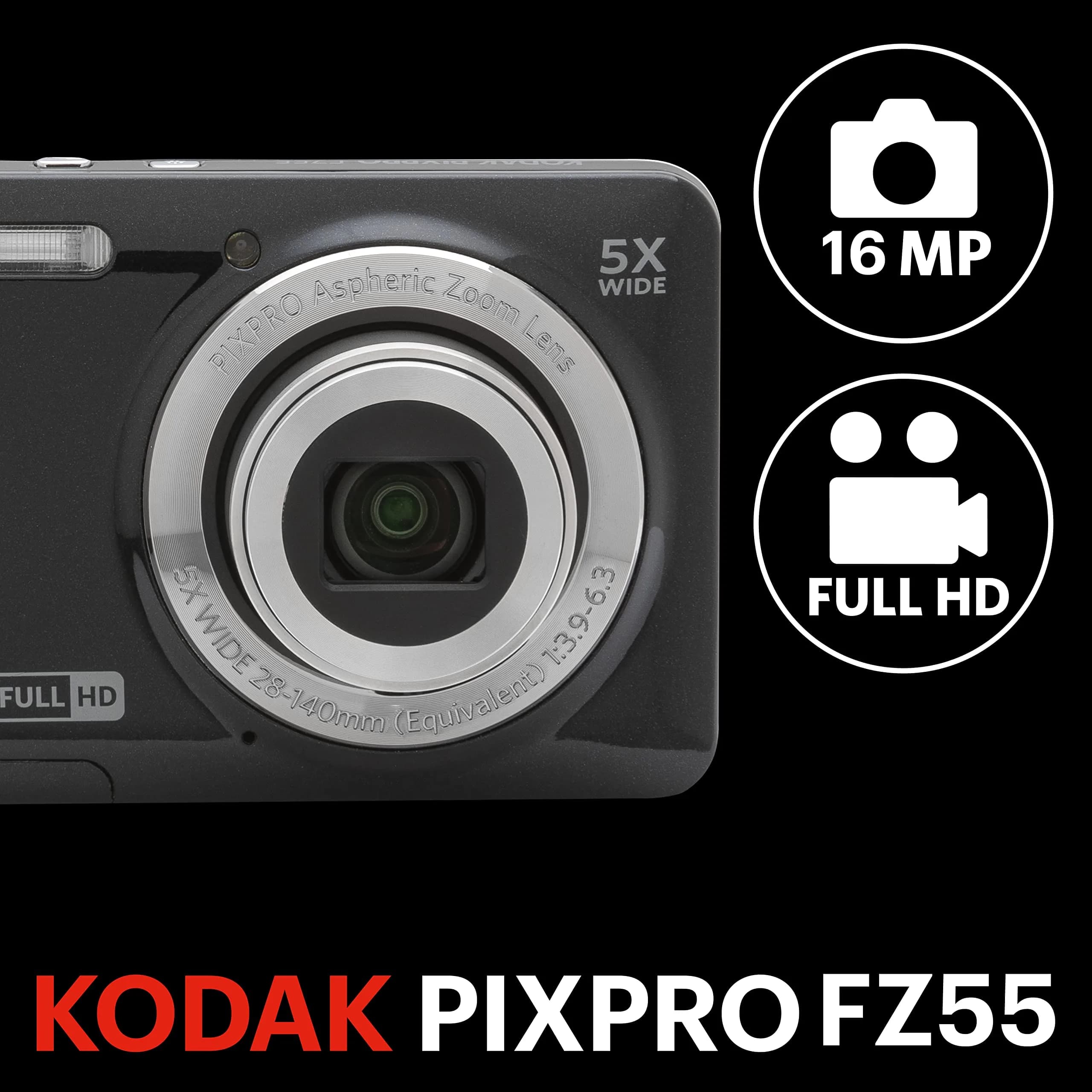 KODAK PIXPRO FZ55 Black Digital Camera - 16MP, 5X Optical Zoom, 1080p HD Video - view 3
