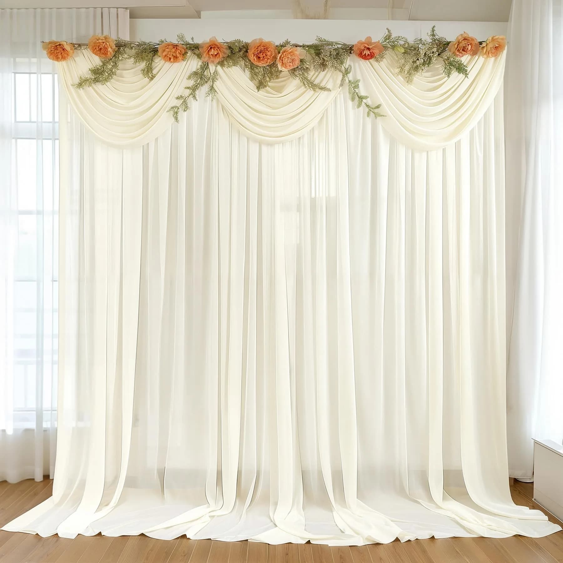 Wish Care 10ft x 10ft Ivory Sheer Chiffon Backdrop Curtain Drapes (2 Panels, 3m x 3m) | Wrinkle-Free Fabric for Weddings & Events