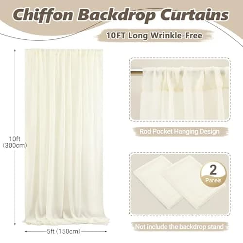 Wish Care 10ft x 10ft Ivory Sheer Chiffon Backdrop Curtain Drapes (2 Panels, 3m x 3m) | Wrinkle-Free Fabric for Weddings & Events thumbnail 4