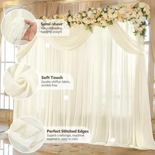 Wish Care 10ft x 10ft Ivory Sheer Chiffon Backdrop Curtain Drapes (2 Panels, 3m x 3m) | Wrinkle-Free Fabric for Weddings & Events thumbnail 5