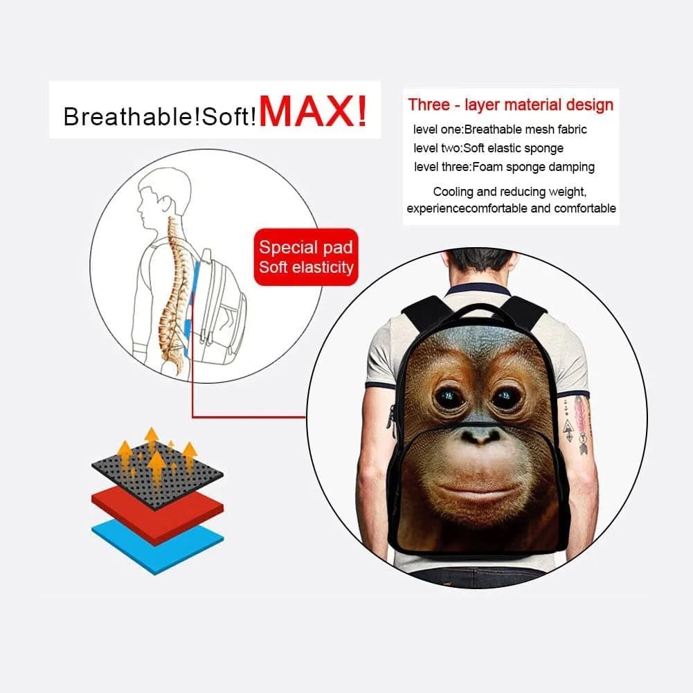 ENDUO DESIGN Animal Backpack Orangutan 17 Inch | 3D Animal Print School Daypack for Kids & Adults thumbnail 6