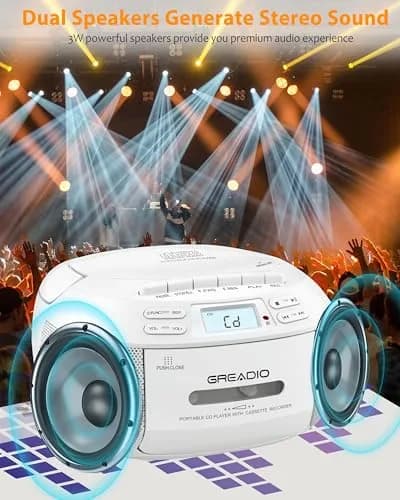 Greadio CD Player Boombox Cassette Player Combo with Bluetooth, AM/FM Radio | 3W Dual Speakers, Portable, Classic Design thumbnail 5