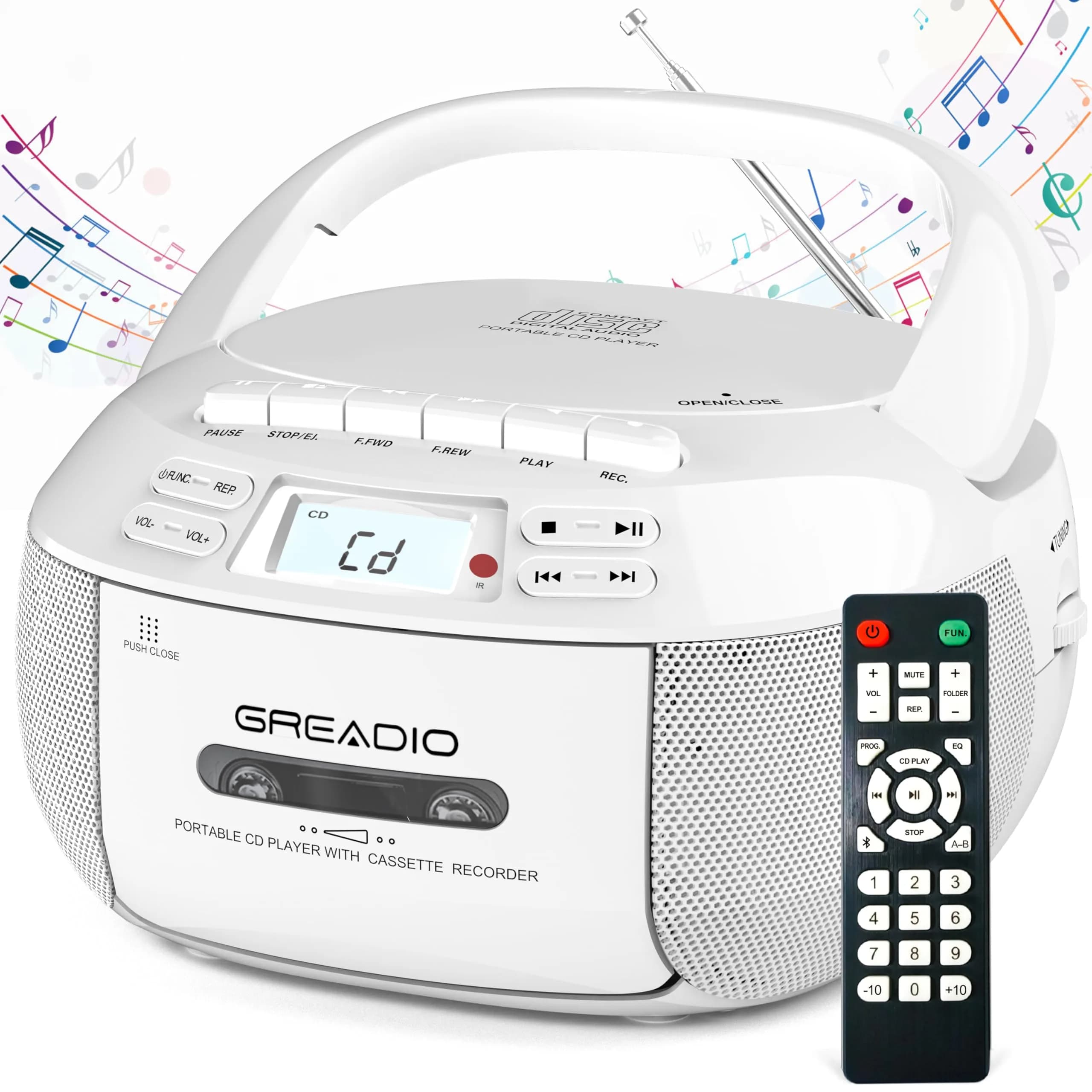 Greadio CD Player Boombox Cassette Player Combo with Bluetooth, AM/FM Radio | 3W Dual Speakers, Portable, Classic Design — White