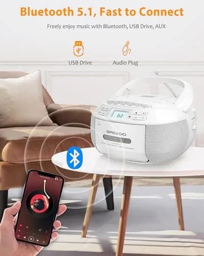 Greadio CD Player Boombox Cassette Player Combo with Bluetooth, AM/FM Radio | 3W Dual Speakers, Portable, Classic Design thumbnail 4