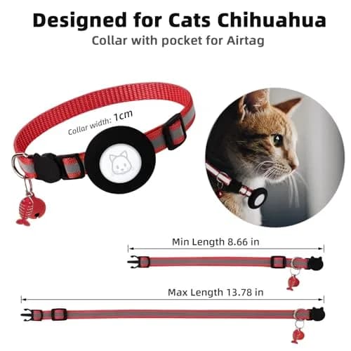 SimpleThings Red Airtag Cat Collar with Bell & Safety Buckle | Reflective Nylon, Adjustable 22-35cm thumbnail 7