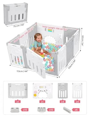 Dripex Baby Playpen 10-Panel Foldable Grey White | Safe, Adjustable & Educational Play Area thumbnail 2
