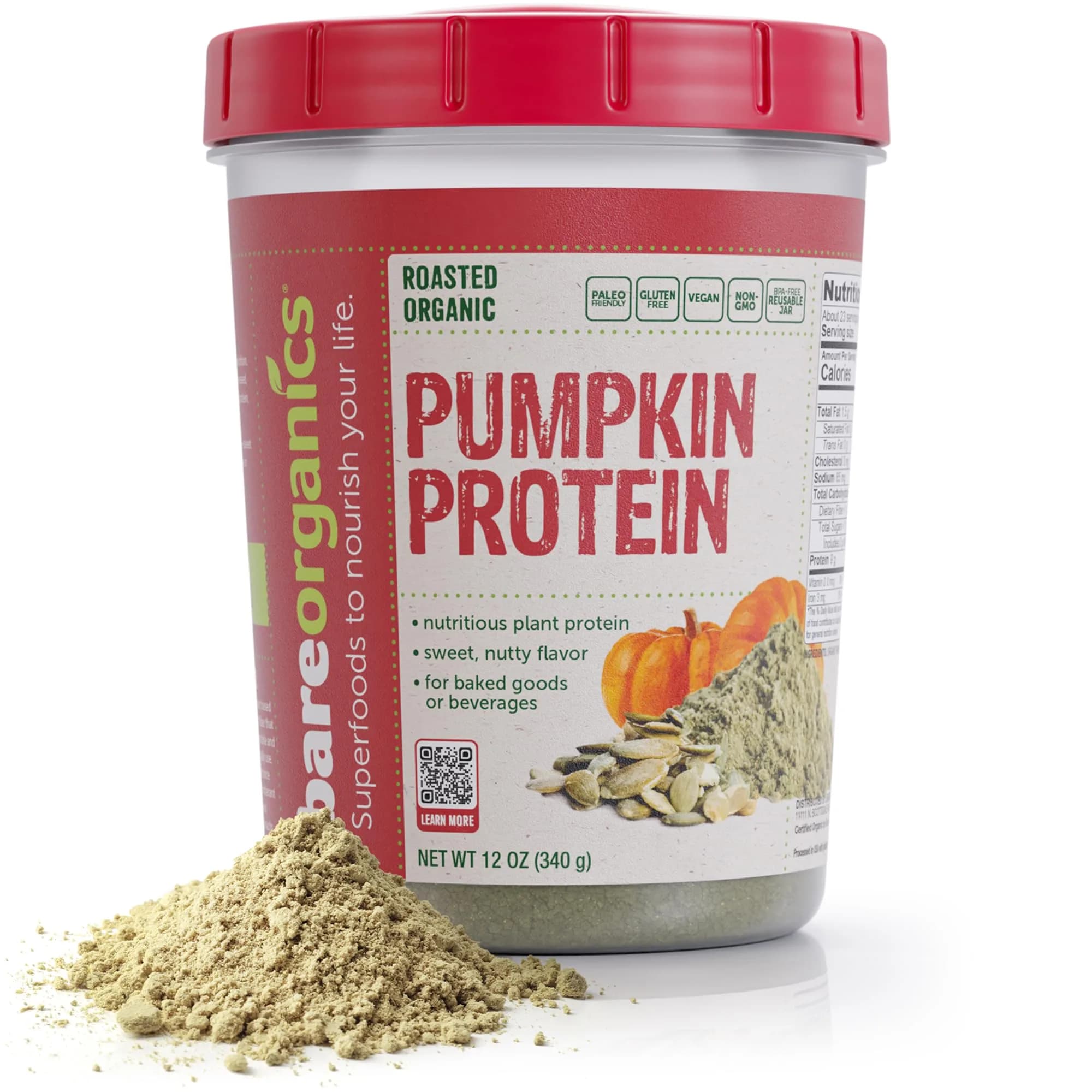 BareOrganics Pumpkin Protein Powder, 12 oz – Non-GMO & Vegan – Gluten Free | Natural plant protein with antioxidants, gluten-free, vegan-friendly, imported from USA - main product image