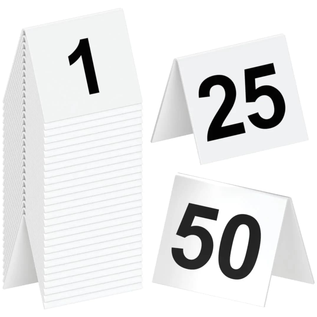 Tapix Restaurant Table Numbers 1-25 White | Durable Plastic Tent Markers for Events — 1-50