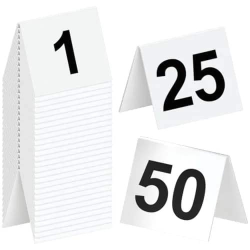 Tapix Restaurant Table Numbers 1-50 White | Durable Plastic Tent Markers for Events thumbnail 1