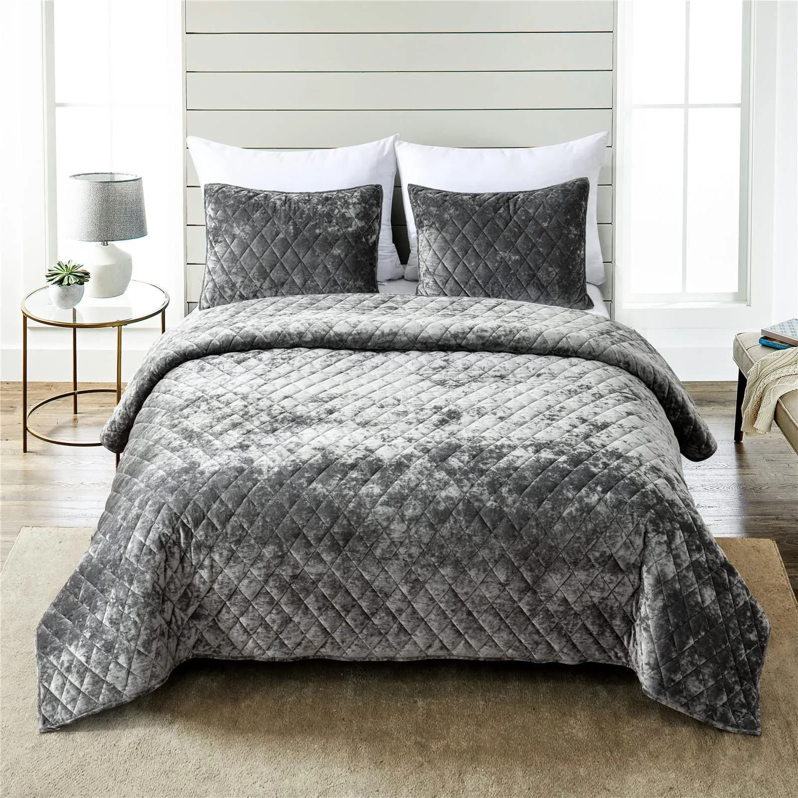 Fredsure Distressed Velvet Quilt Set, 3 Pieces Grey King | Luxurious & All-Season Comfort — Grey