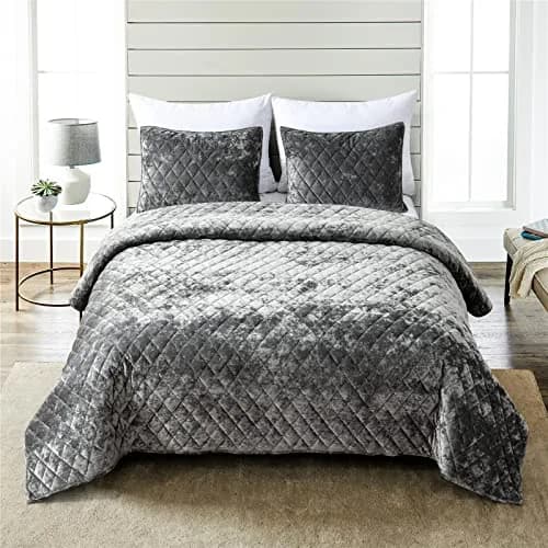 Fredsure Distressed Velvet Quilt Set, 3 Pieces Grey King | Luxurious & All-Season Comfort thumbnail 1