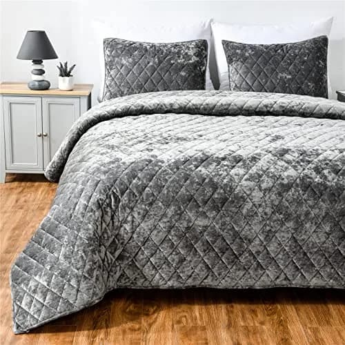 Fredsure Distressed Velvet Quilt Set, 3 Pieces Grey King | Luxurious & All-Season Comfort thumbnail 2