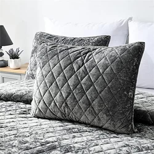 Fredsure Distressed Velvet Quilt Set, 3 Pieces Grey King | Luxurious & All-Season Comfort thumbnail 3