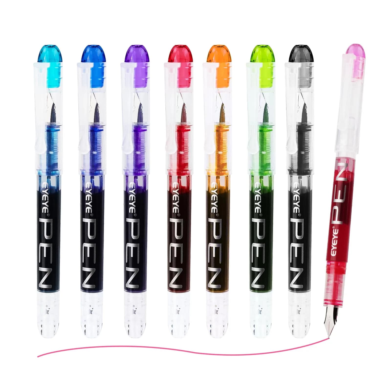 EYEYE Fountain Pens for Writing, Fine Nib, Clear Barrel | Assorted Colors, 0.5mm, Disposable, Smooth Ink