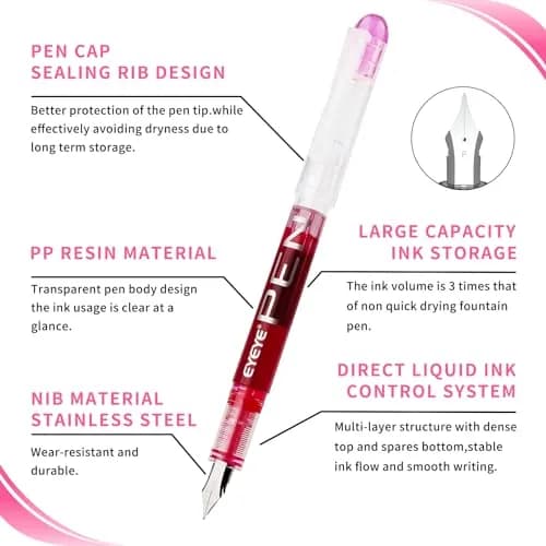EYEYE Fountain Pens for Writing, Fine Nib, Clear Barrel | Assorted Colors, 0.5mm, Disposable, Smooth Ink thumbnail 3